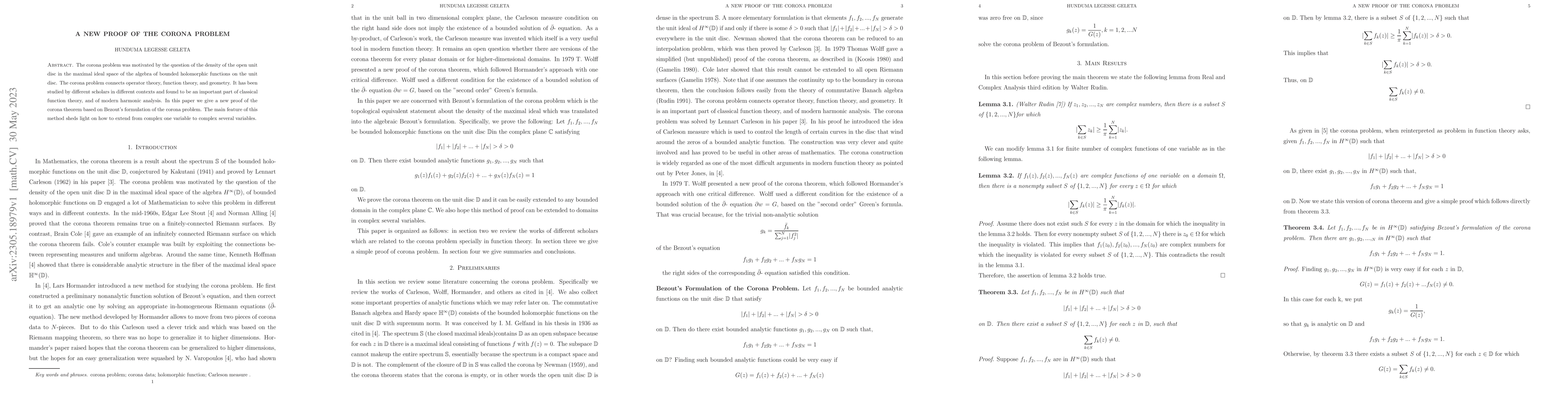 Thumbnail for A new proof of the corona problem