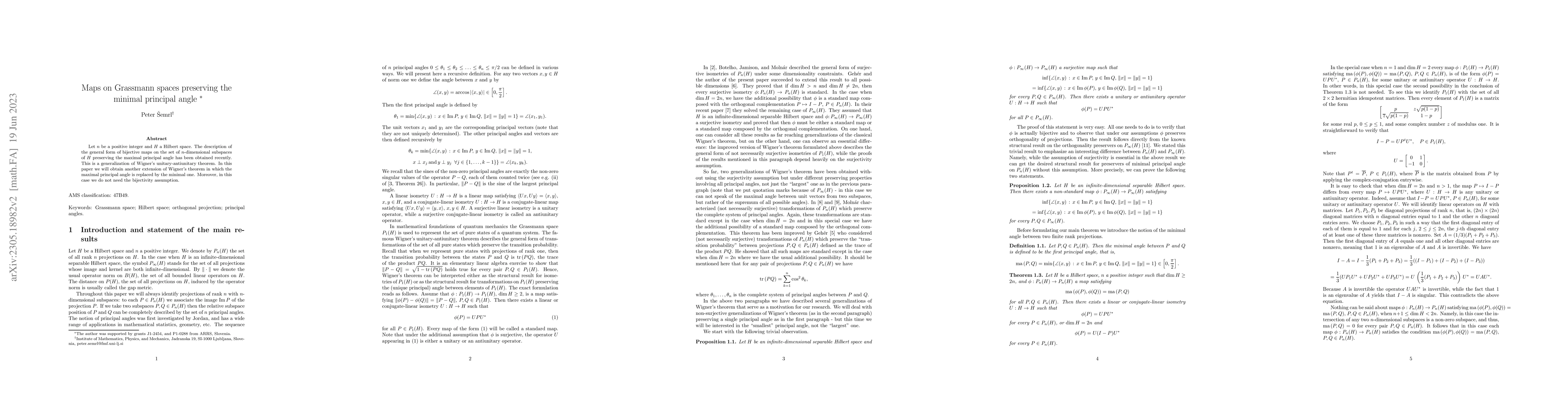 Thumbnail for Maps on Grassmann spaces preserving the minimal principal angle