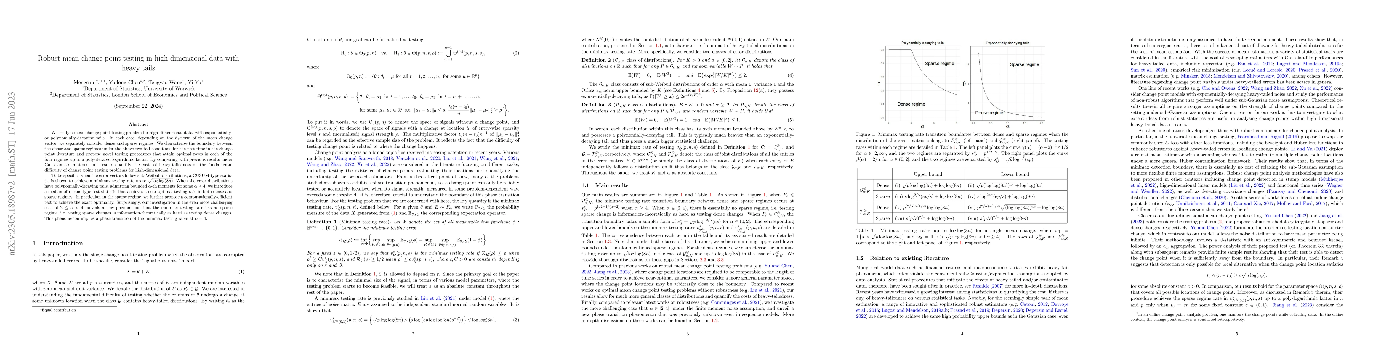 Thumbnail for Robust mean change point testing in high-dimensional data with heavy
  tails