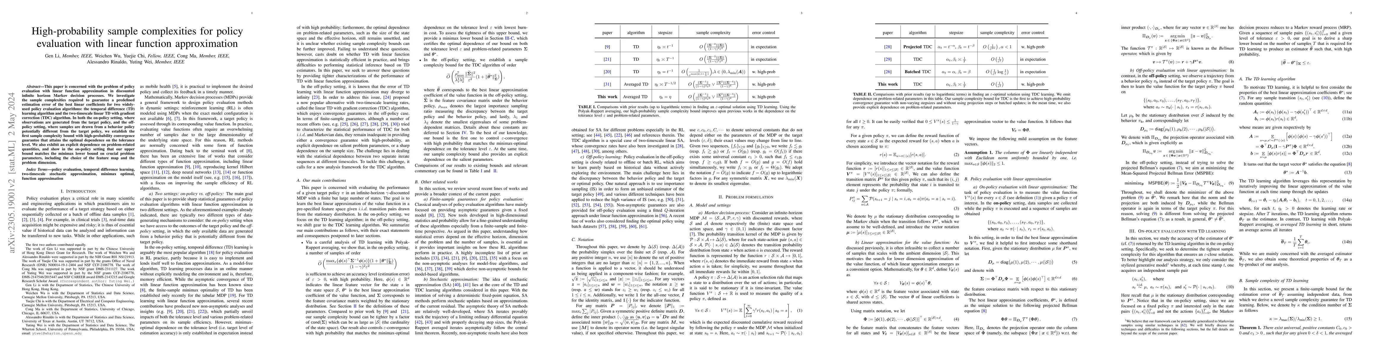 Thumbnail for High-probability sample complexities for policy evaluation with linear
  function approximation