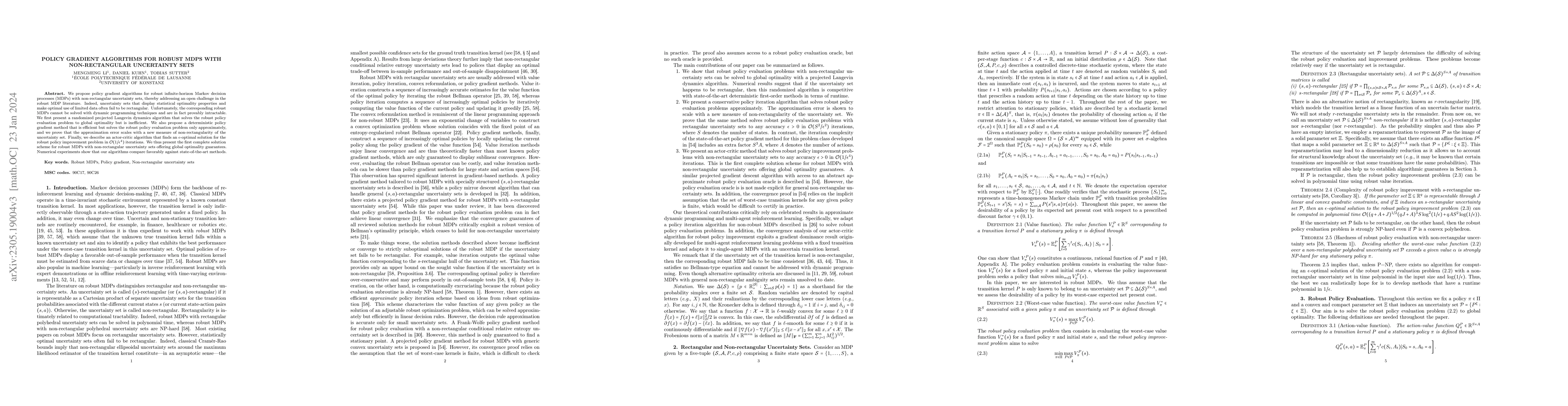 Thumbnail for Policy Gradient Algorithms for Robust MDPs with Non-Rectangular
  Uncertainty Sets