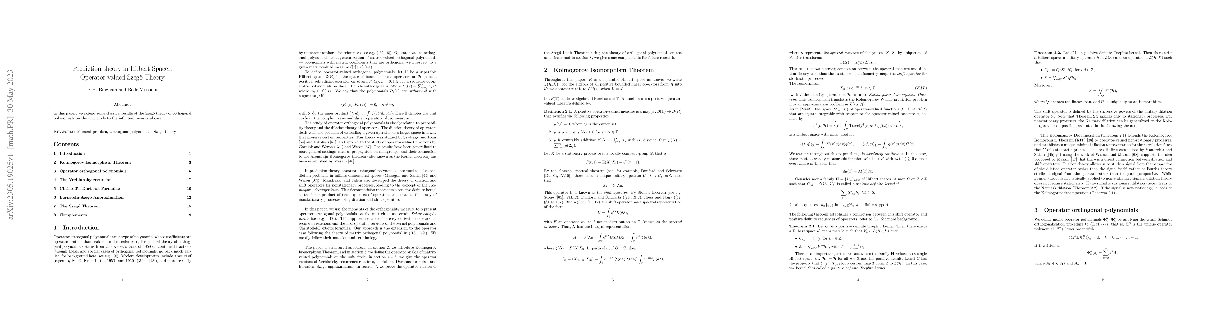 Thumbnail for Prediction theory in Hilbert Spaces: Operator-valued Szego Theory