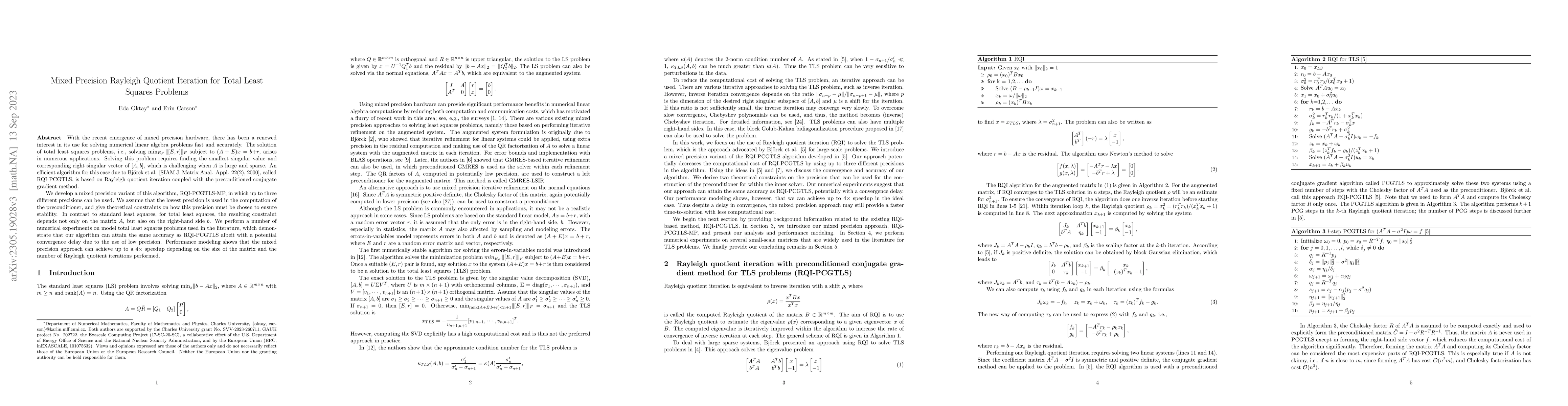 Thumbnail for Mixed Precision Rayleigh Quotient Iteration for Total Least Squares
  Problems