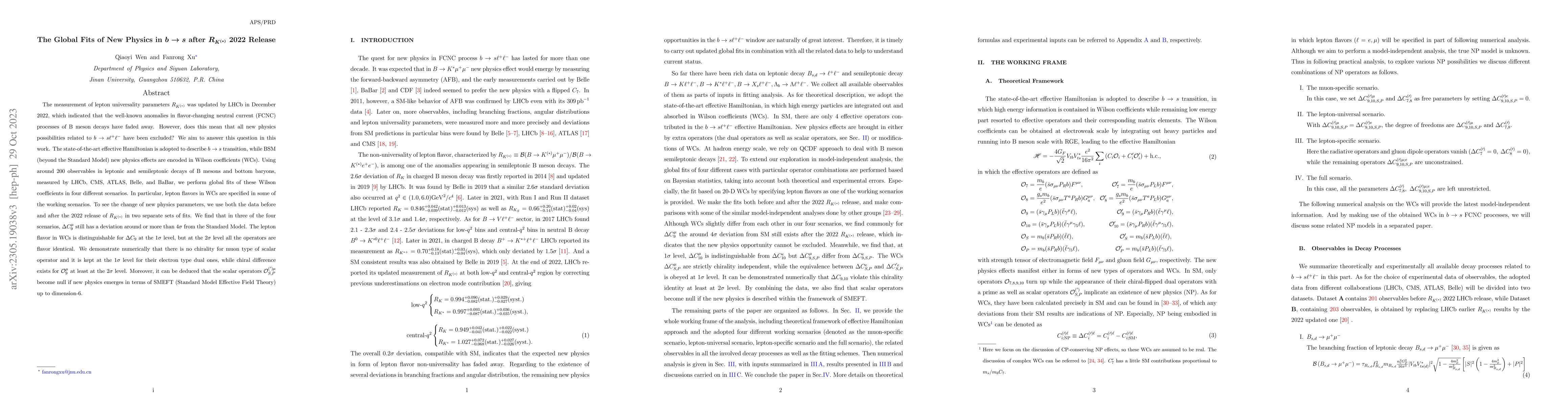 Thumbnail for The Global Fits of New Physics in $b \to s $ after $R_{K^{(*)}}$ 2022
  Release