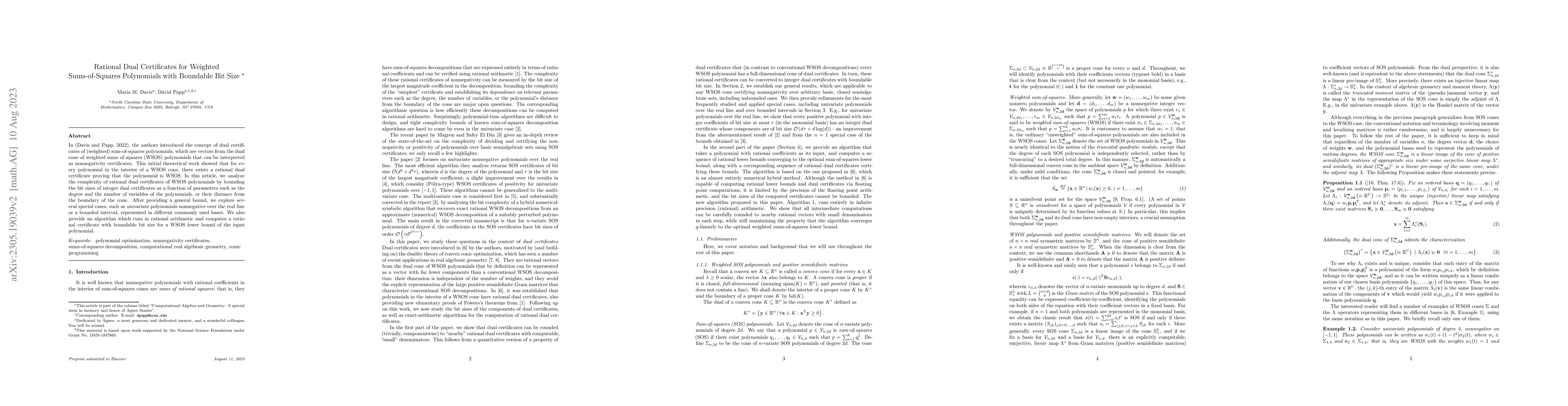 Thumbnail for Rational Dual Certificates for Weighted Sums-of-Squares Polynomials with
  Boundable Bit Size