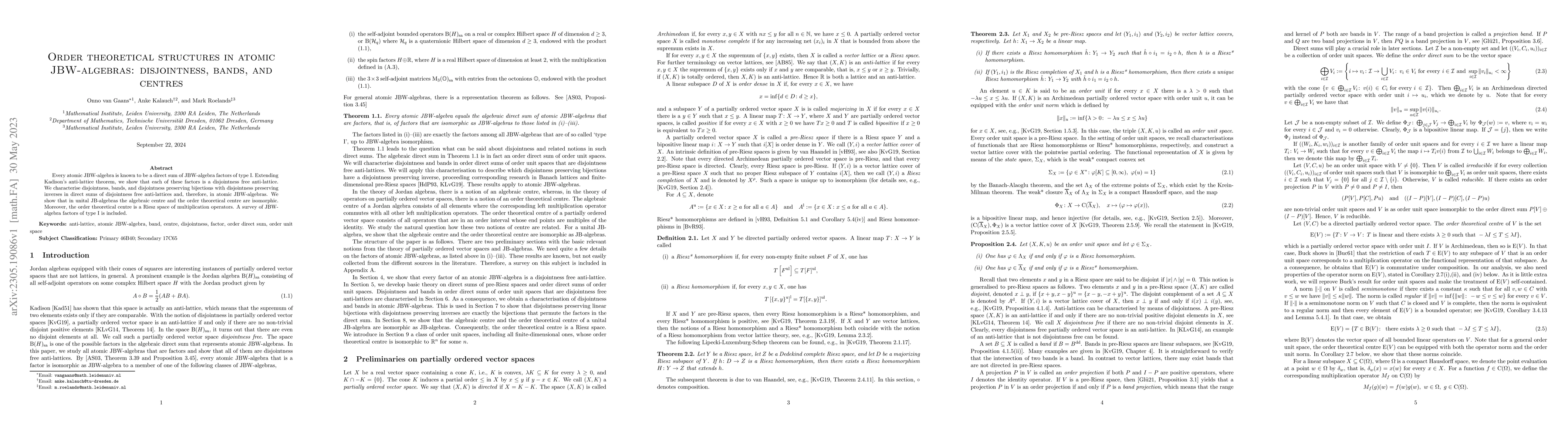 Thumbnail for Order theoretical structures in atomic JBW-algebras: disjointness,
  bands, and centres