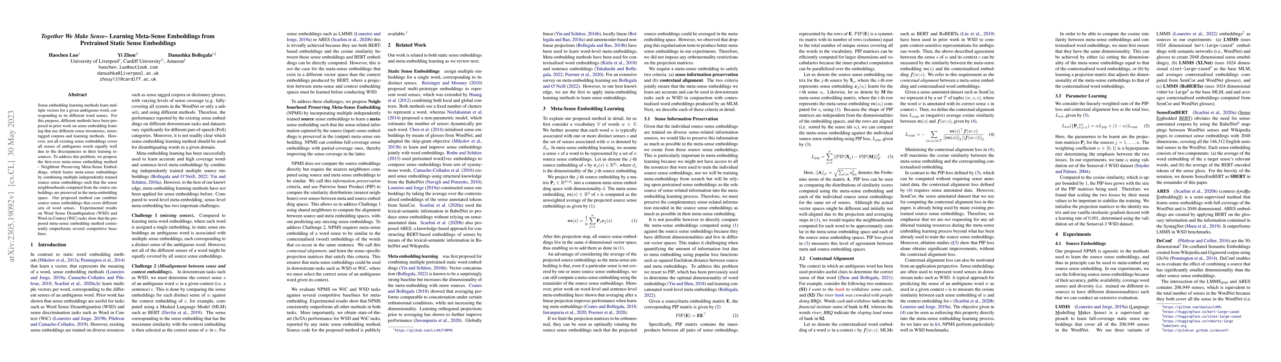 Thumbnail for Together We Make Sense -- Learning Meta-Sense Embeddings from Pretrained
  Static Sense Embeddings