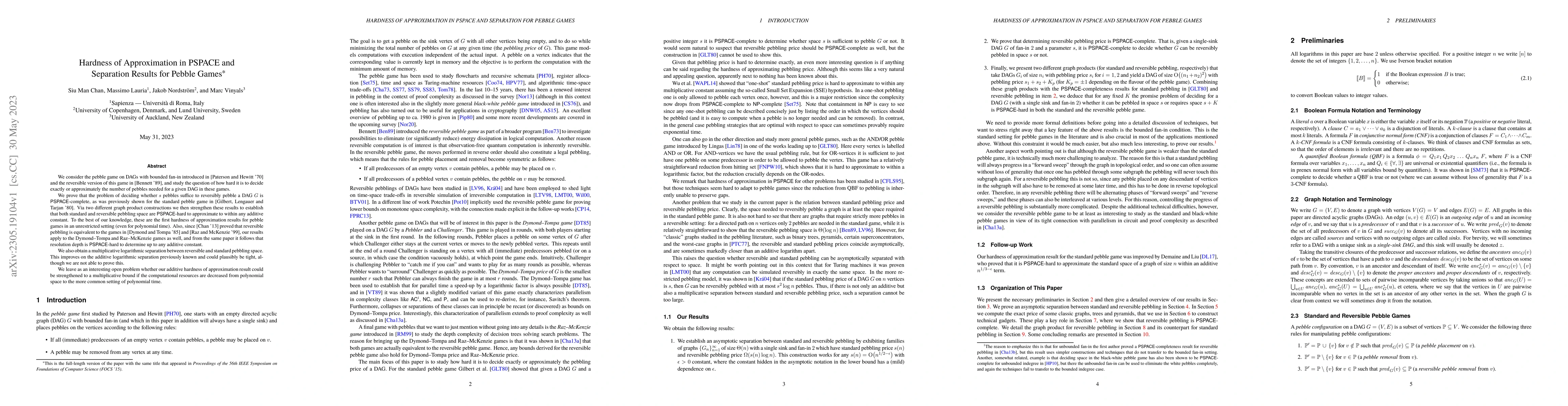 Thumbnail for Hardness of Approximation in PSPACE and Separation Results for Pebble
  Games