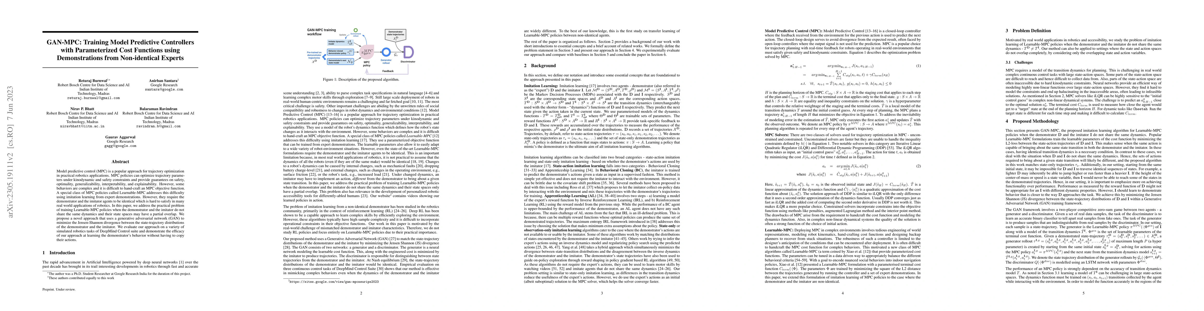 Thumbnail for GAN-MPC: Training Model Predictive Controllers with Parameterized Cost
  Functions using Demonstrations from Non-identical Experts
