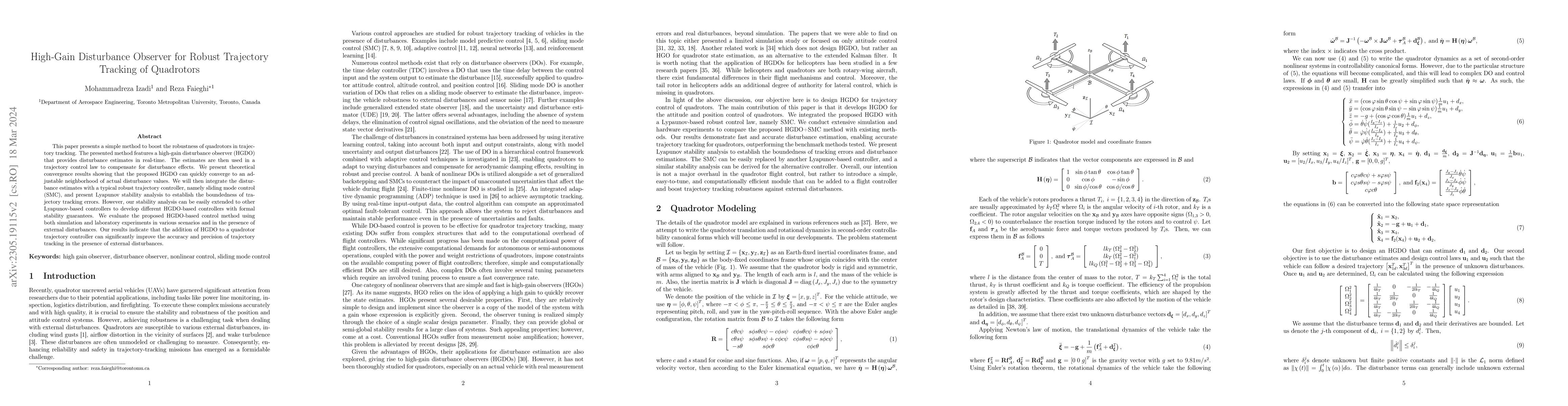 Thumbnail for High-Gain Disturbance Observer for Robust Trajectory Tracking of
  Quadrotors