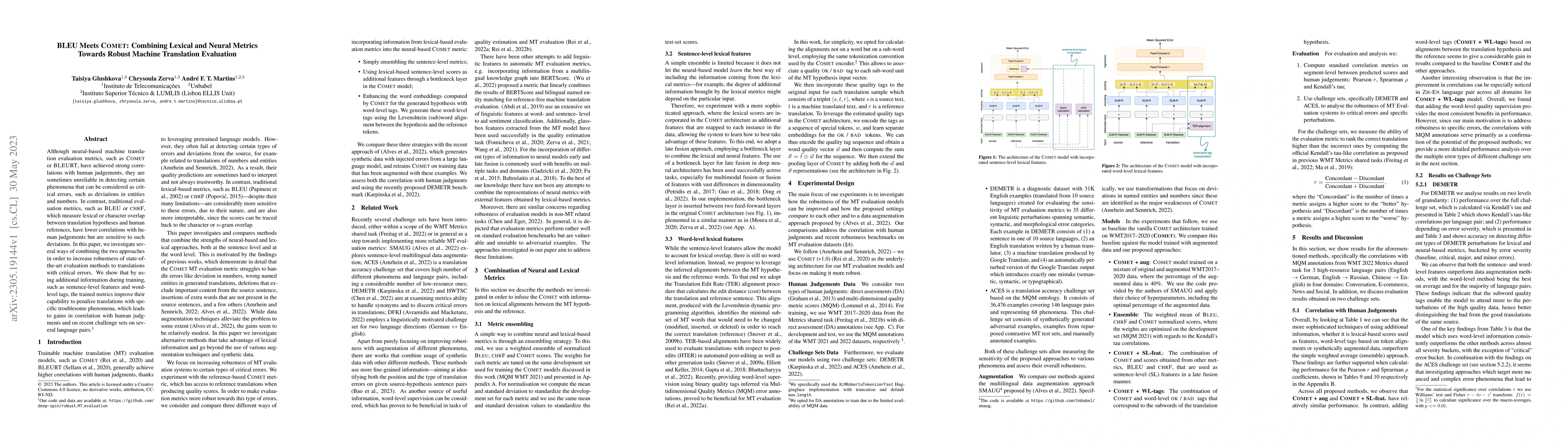 Thumbnail for BLEU Meets COMET: Combining Lexical and Neural Metrics Towards Robust
  Machine Translation Evaluation