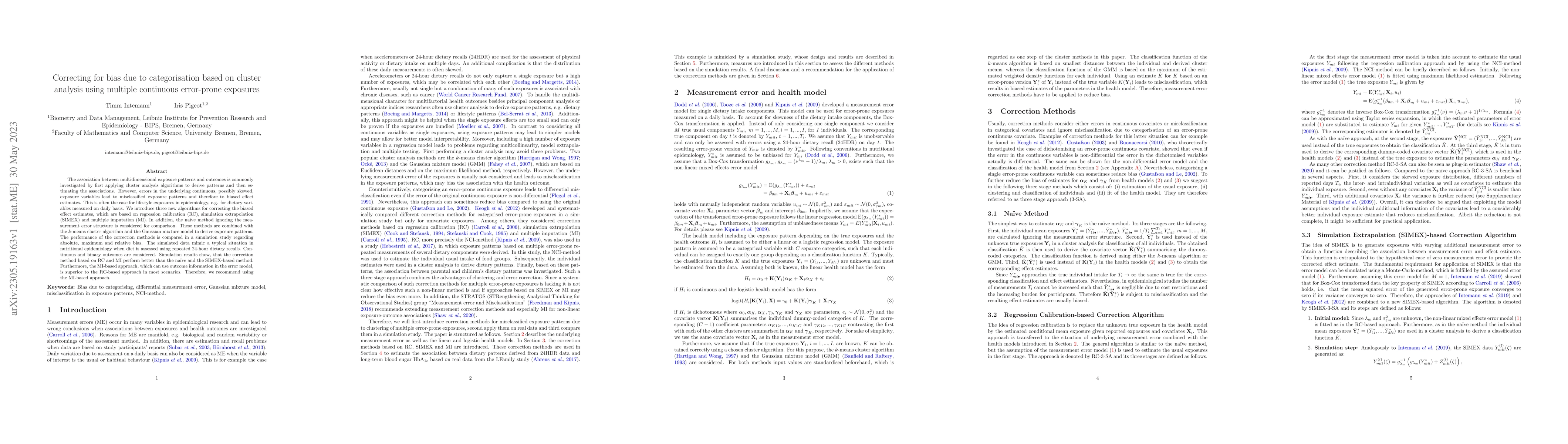 Thumbnail for Correcting for bias due to categorisation based on cluster analysis
  using multiple continuous error-prone exposures