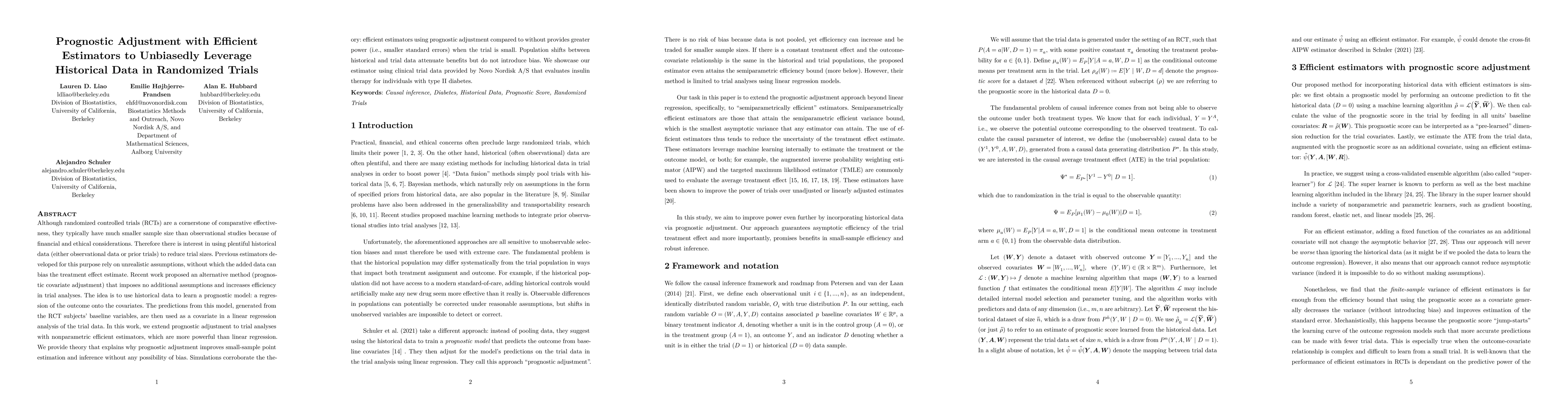 Thumbnail for Prognostic Adjustment with Efficient Estimators to Unbiasedly Leverage
  Historical Data in Randomized Trials