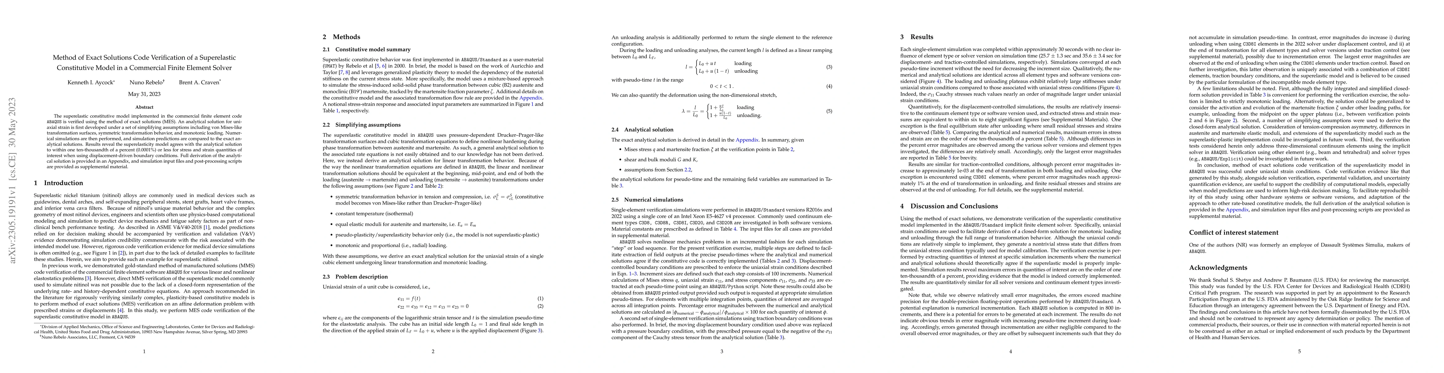 Thumbnail for Method of Exact Solutions Code Verification of a Superelastic
  Constitutive Model in a Commercial Finite Element Solver