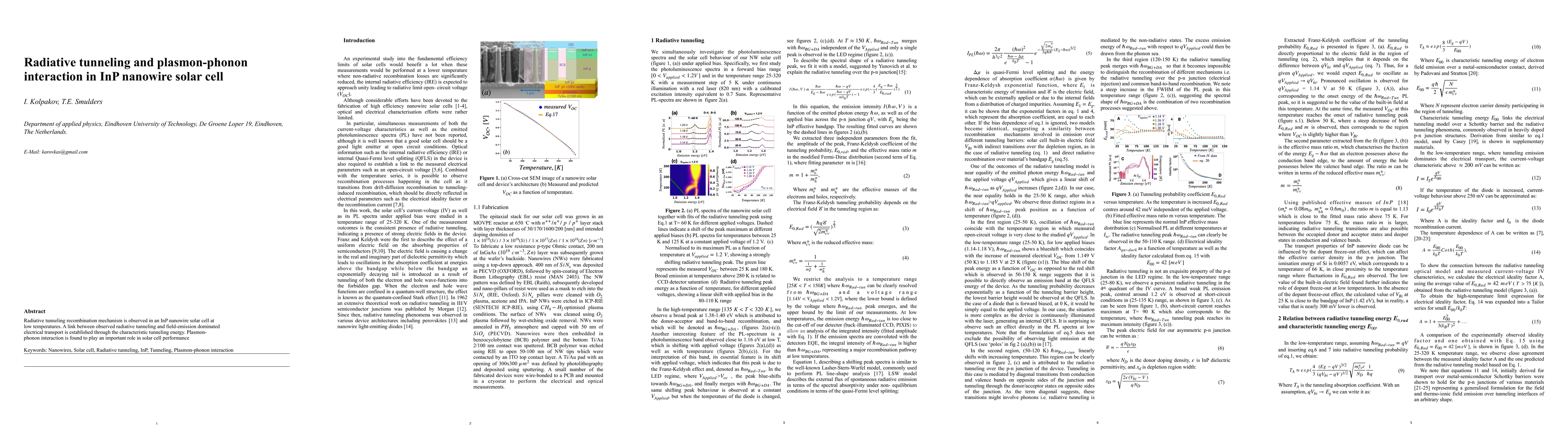 Thumbnail for Radiative tunneling and plasmon-phonon interaction in InP nanowire solar
  cell