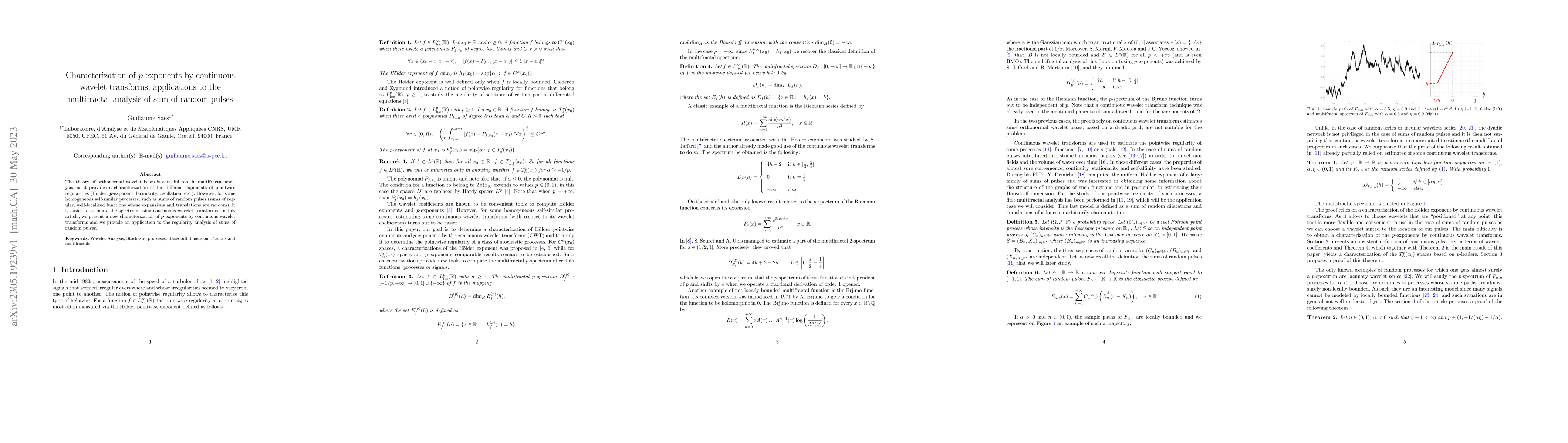 Thumbnail for Characterization of p-exponents by continuous wavelet transforms,
  applications to the multifractal analysis of sum of random pulses
