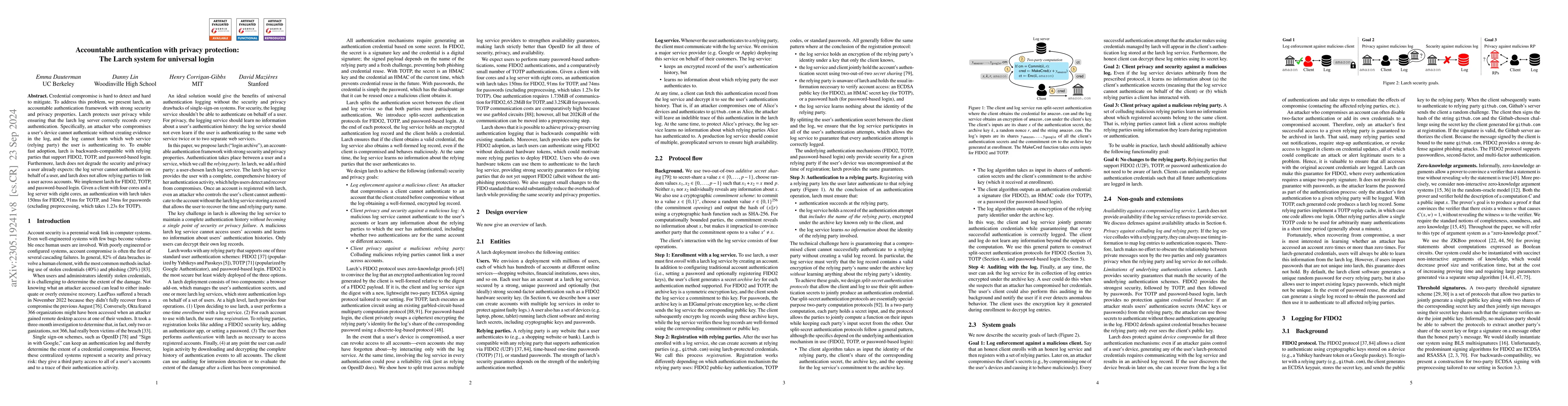 Thumbnail for Accountable authentication with privacy protection: The Larch system for
  universal login