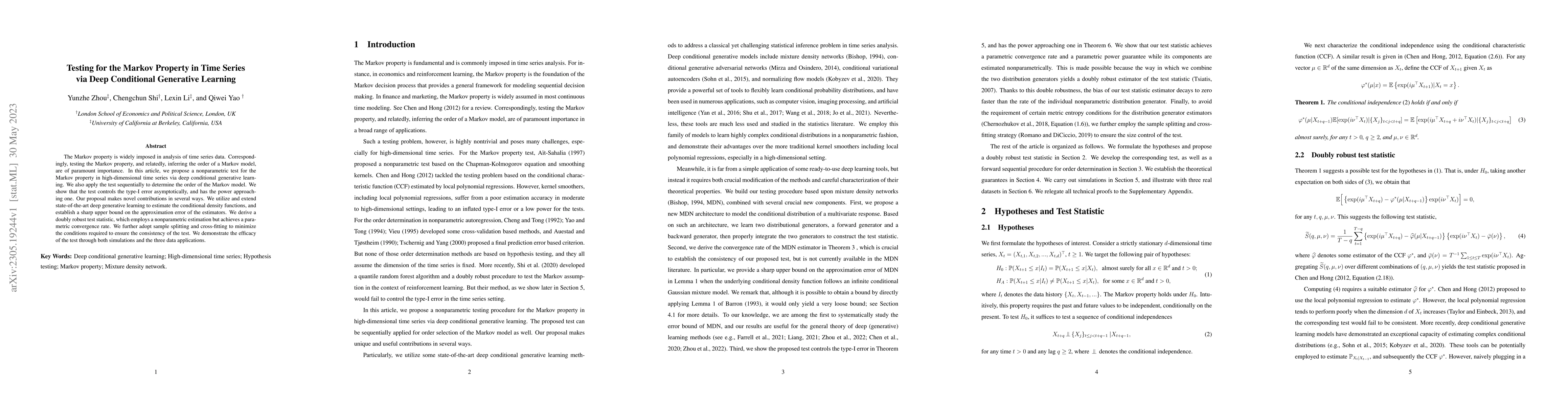 Thumbnail for Testing for the Markov Property in Time Series via Deep Conditional
  Generative Learning