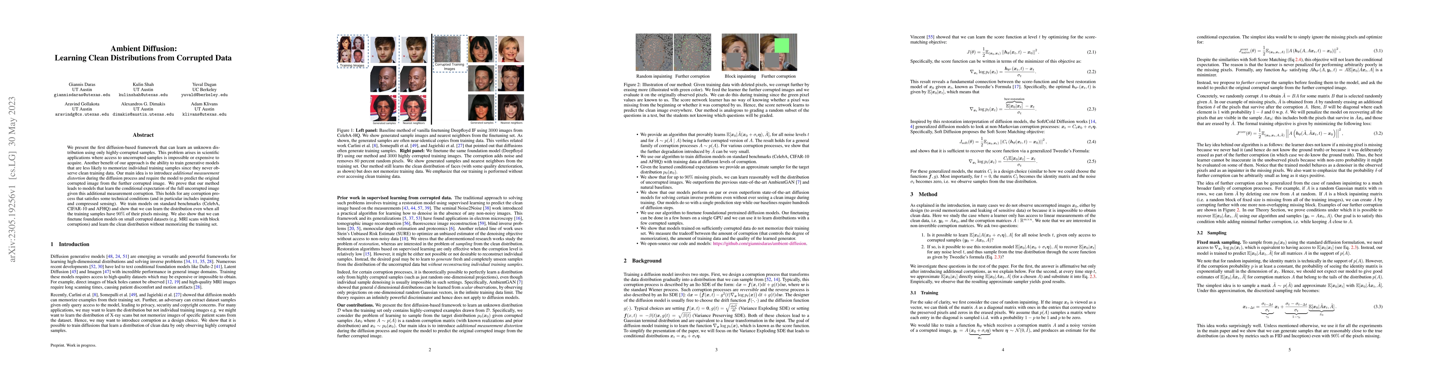 Thumbnail for Ambient Diffusion: Learning Clean Distributions from Corrupted Data