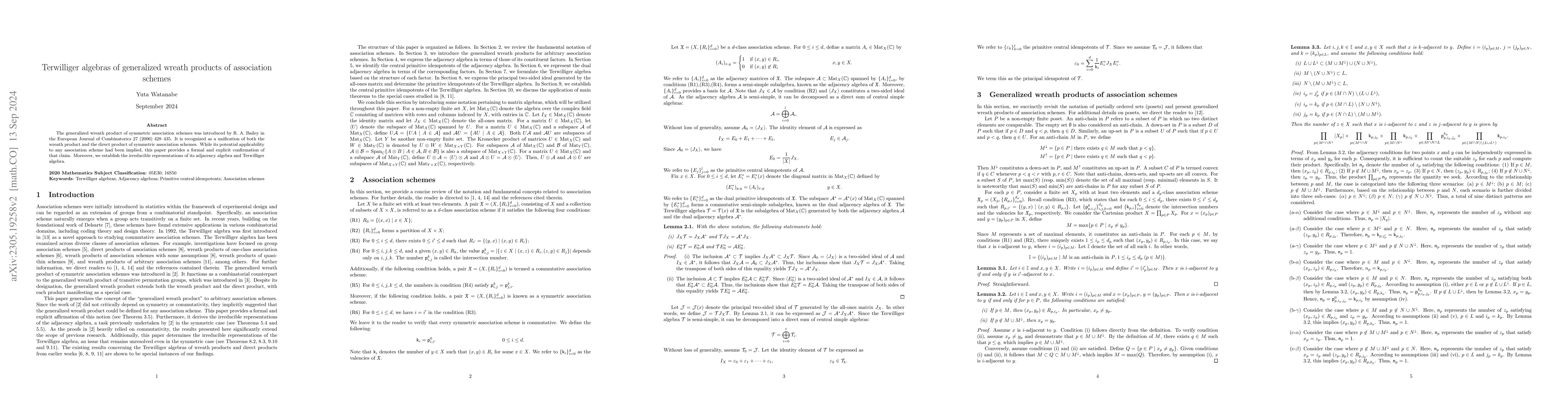 Thumbnail for Terwilliger algebras of generalized wreath products of association
  schemes