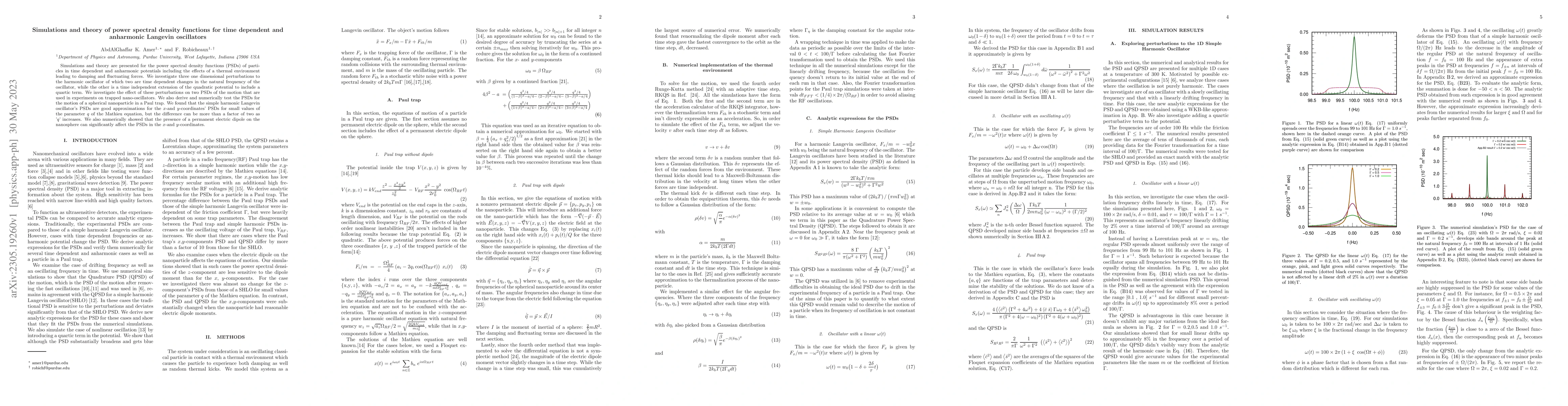 Thumbnail for Simulations and theory of power spectral density functions for time
  dependent and anharmonic Langevin oscillators