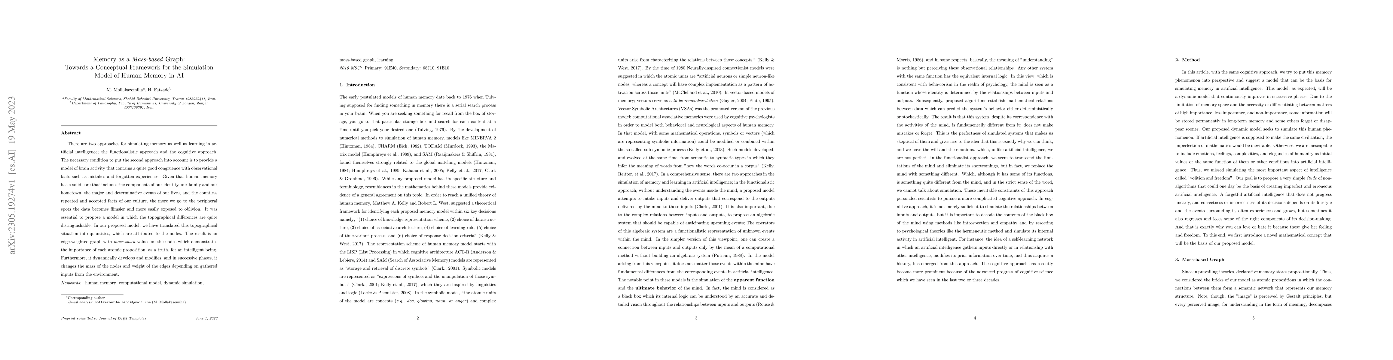 Thumbnail for Memory as a Mass-based Graph: Towards a Conceptual Framework for the
  Simulation Model of Human Memory in AI