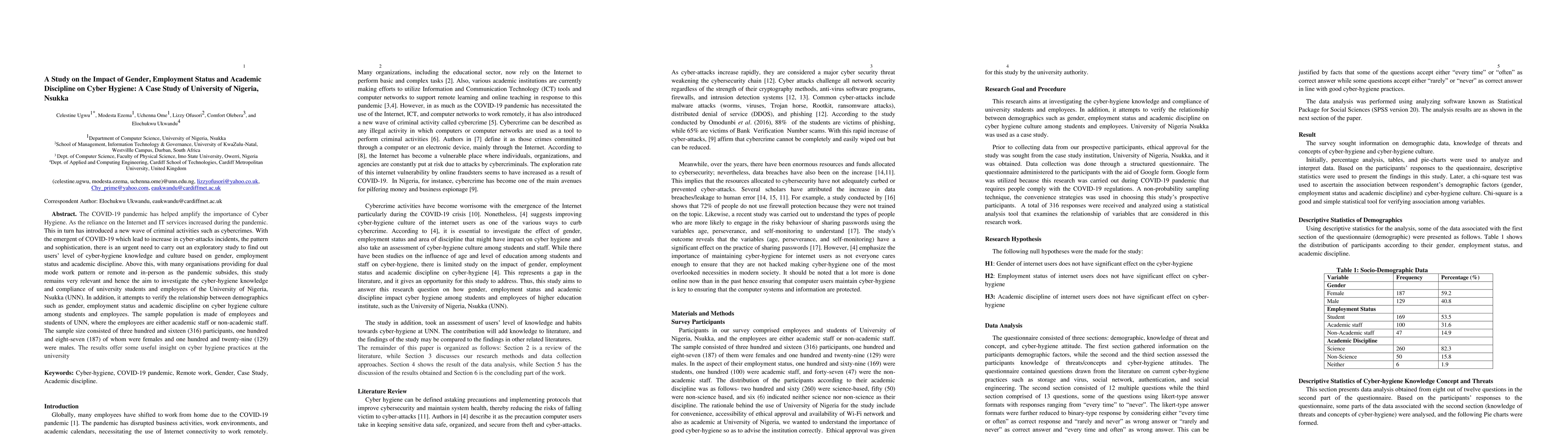 Thumbnail for A Study on the Impact of Gender, Employment Status and Academic
  Discipline on Cyber Hygiene: A Case Study of University of Nigeria, Nsukka
