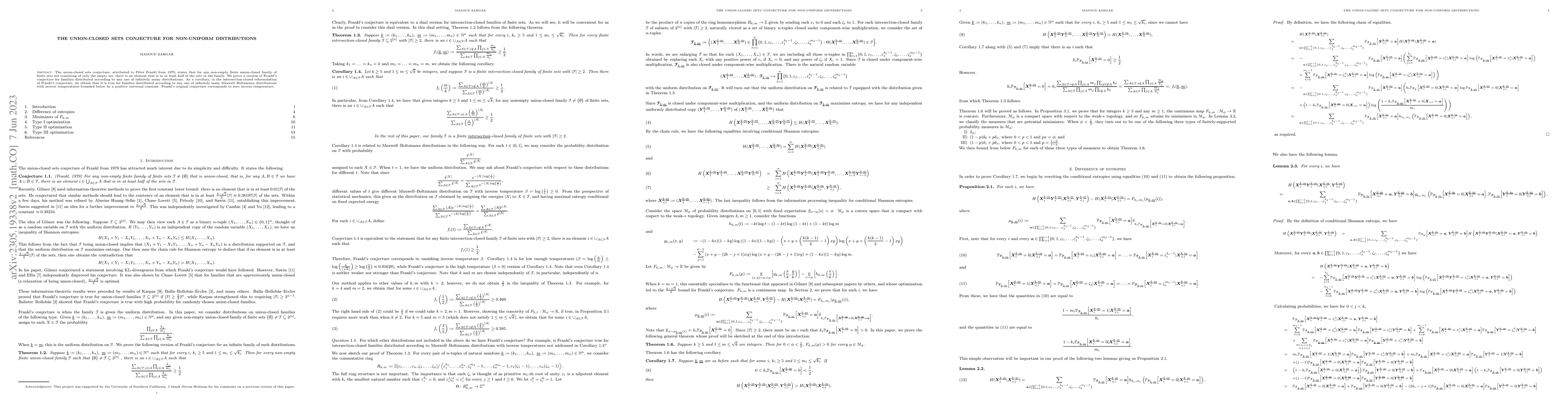 Thumbnail for The union-closed sets conjecture for non-uniform distributions