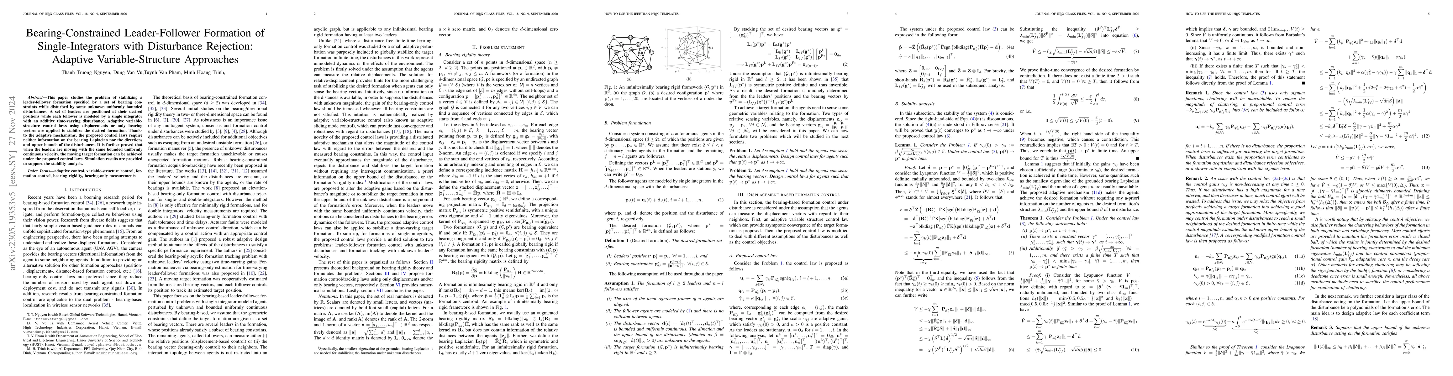 Thumbnail for Bearing-Constrained Leader-Follower Formation of Single-Integrators with
  Disturbance Rejection: Adaptive Variable-Structure Approaches