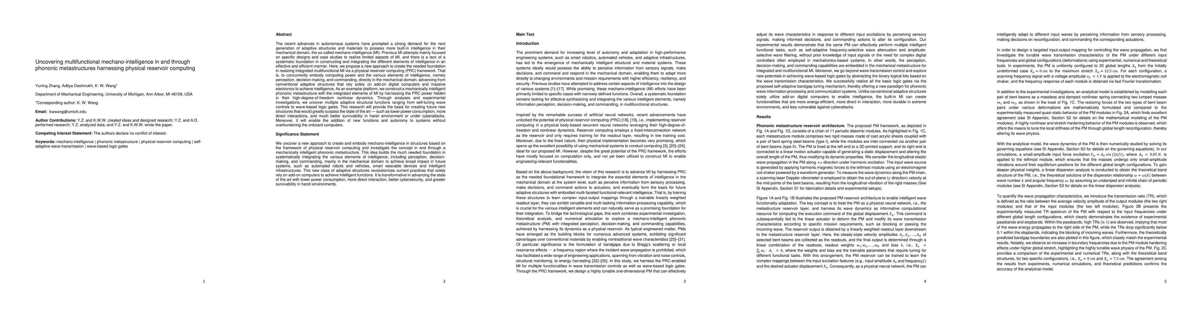 Thumbnail for Uncovering multifunctional mechano-intelligence in and through phononic
  metastructures harnessing physical reservoir computing