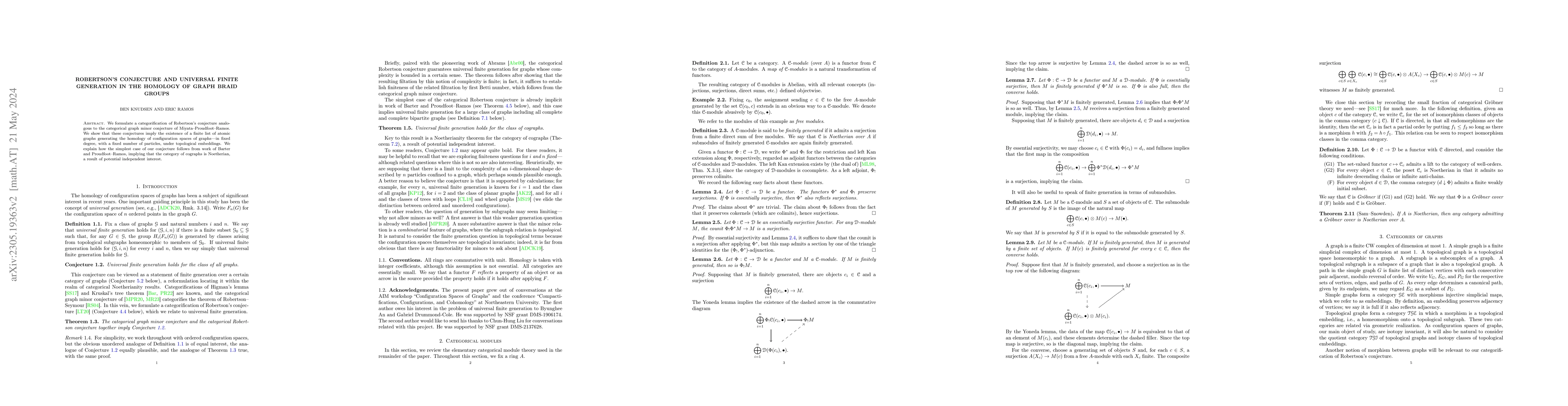Thumbnail for Robertson's conjecture and universal finite generation in the homology
  of graph braid groups