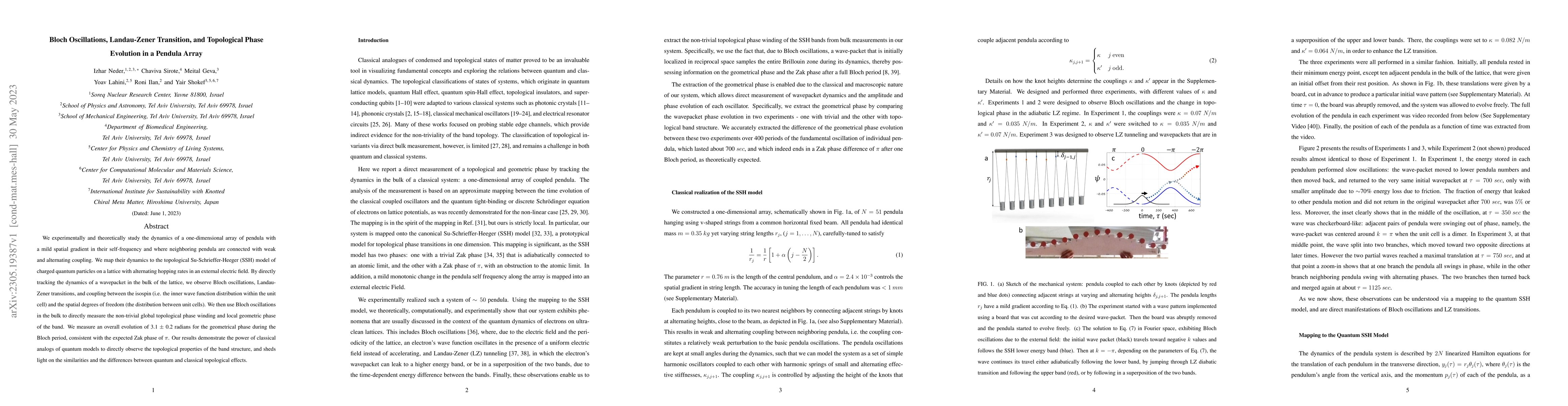 Thumbnail for Bloch Oscillations, Landau-Zener Transition, and Topological Phase
  Evolution in a Pendula Array