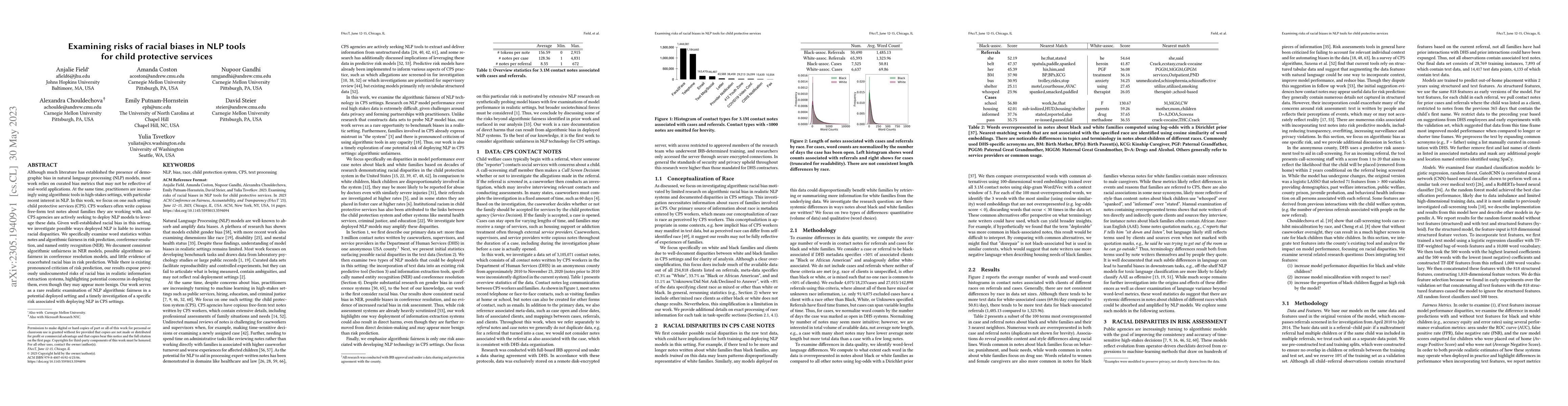 Thumbnail for Examining risks of racial biases in NLP tools for child protective
  services