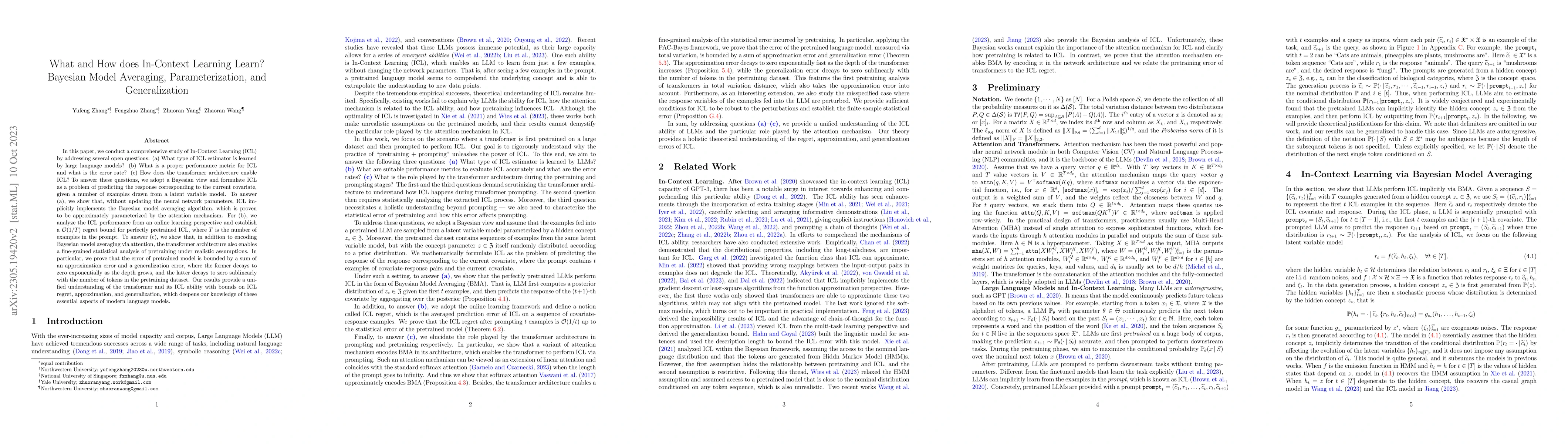 Thumbnail for What and How does In-Context Learning Learn? Bayesian Model Averaging,
  Parameterization, and Generalization