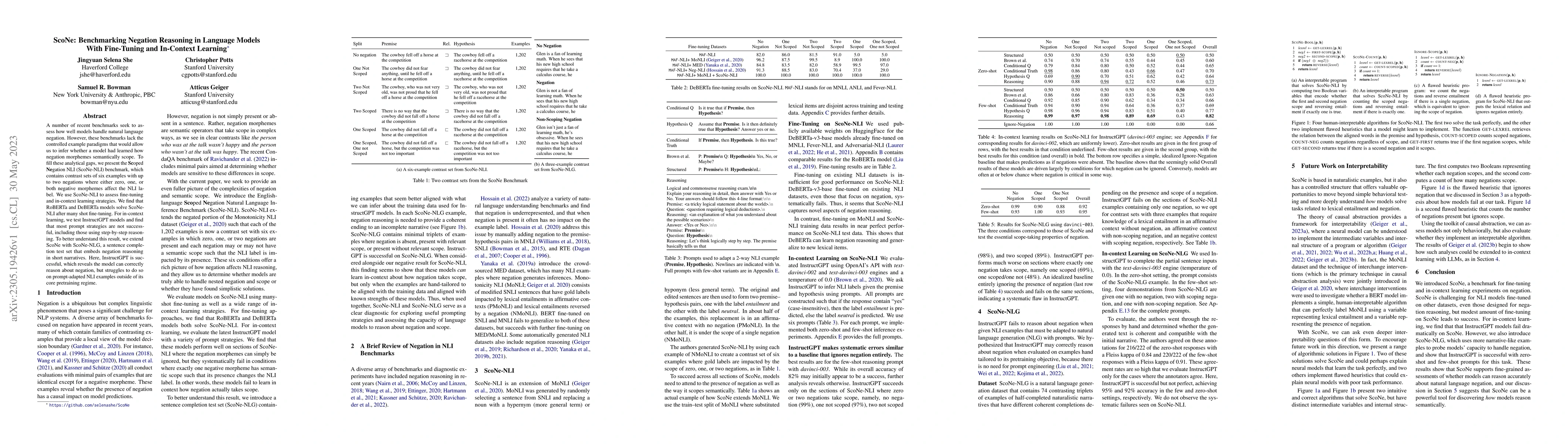 Thumbnail for ScoNe: Benchmarking Negation Reasoning in Language Models With
  Fine-Tuning and In-Context Learning