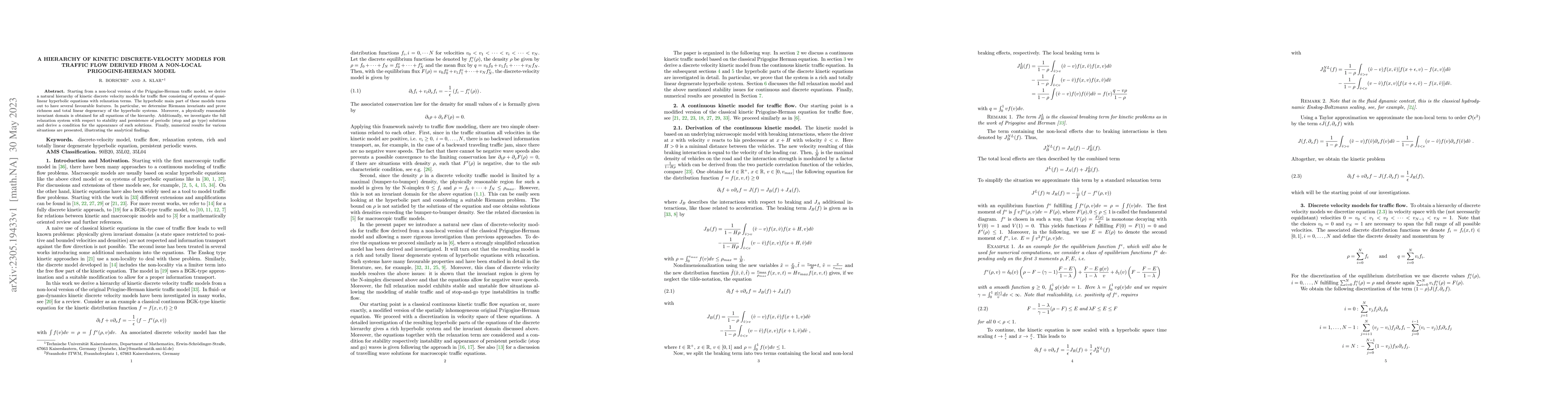 Thumbnail for A hierarchy of kinetic discrete-velocity models for traffic flow derived
  from a non-local Prigogine-Herman model