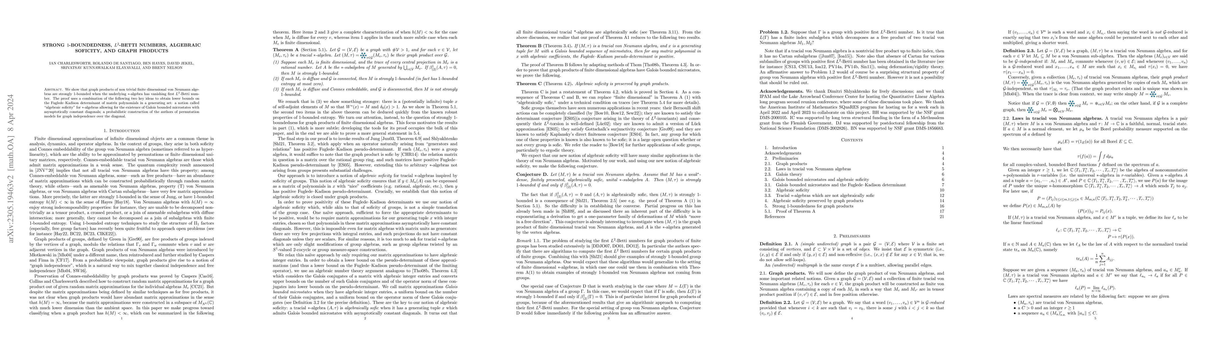 Thumbnail for Strong 1-boundedness, $L^2$-Betti numbers, algebraic soficity, and graph
  products