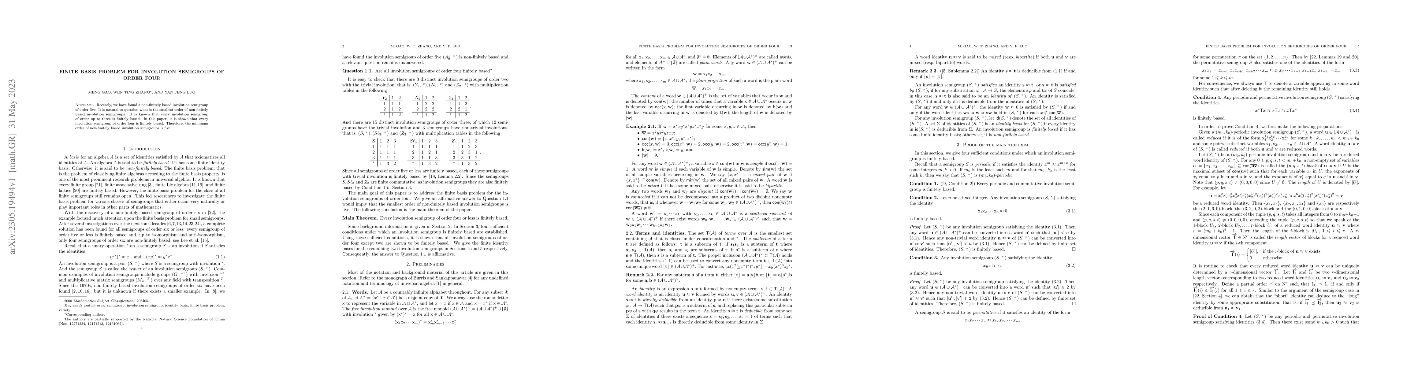 Thumbnail for Finite basis problem for involution semigroups of order four