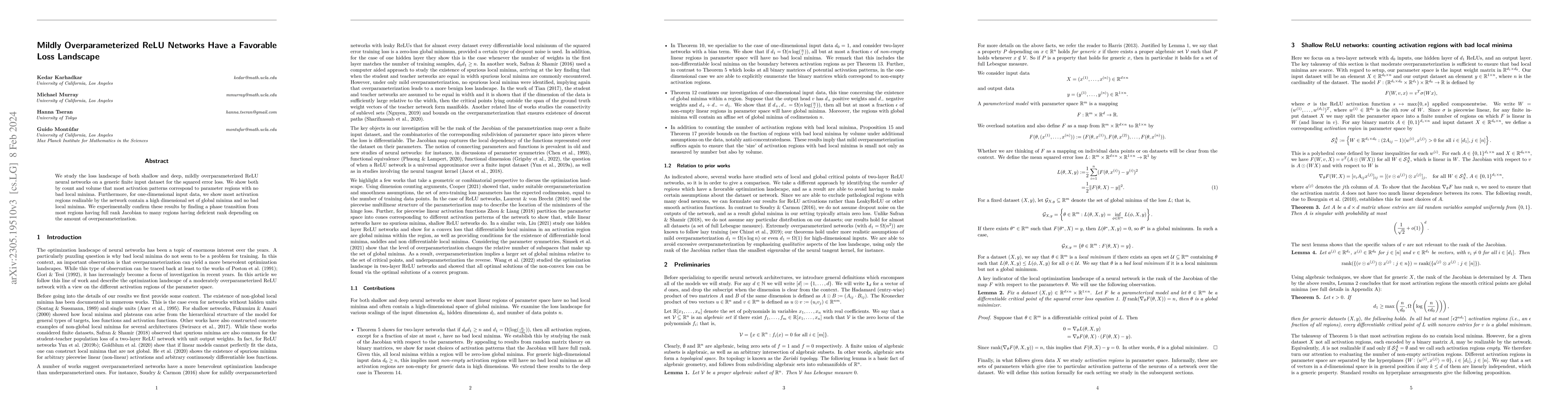 Thumbnail for Mildly Overparameterized ReLU Networks Have a Favorable Loss Landscape