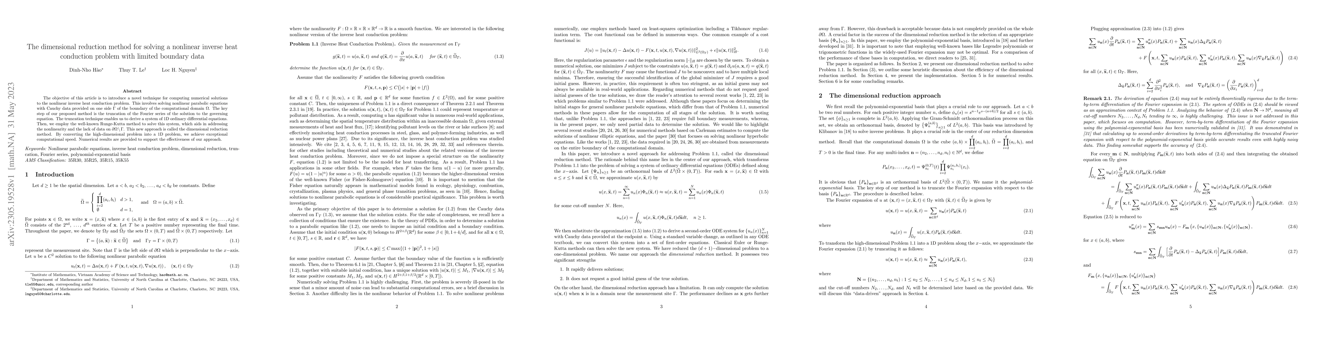 Thumbnail for The dimensional reduction method for solving a nonlinear inverse heat
  conduction problem with limited boundary data