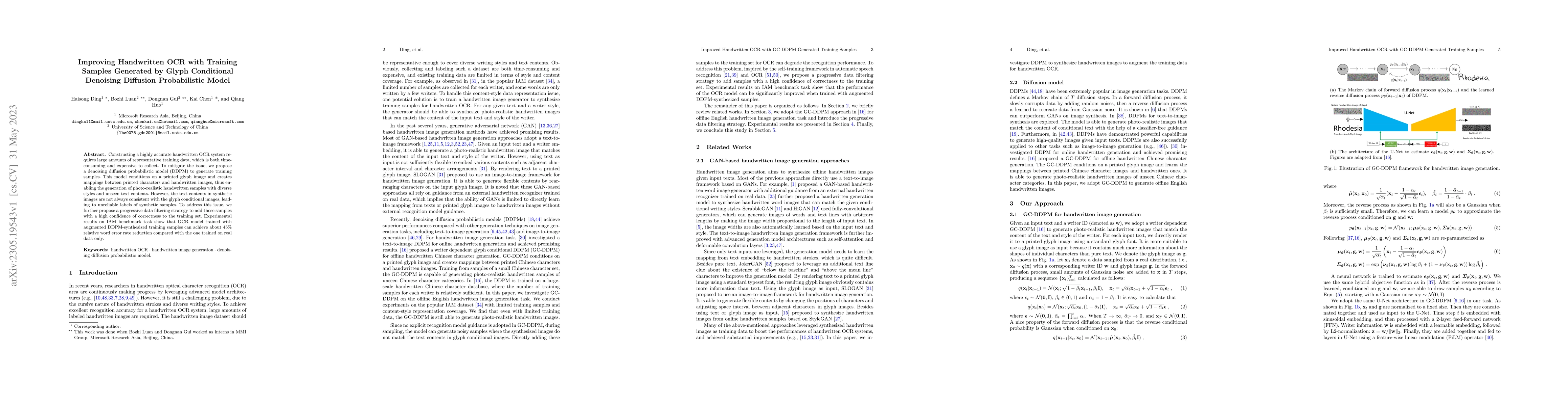 Thumbnail for Improving Handwritten OCR with Training Samples Generated by Glyph
  Conditional Denoising Diffusion Probabilistic Model