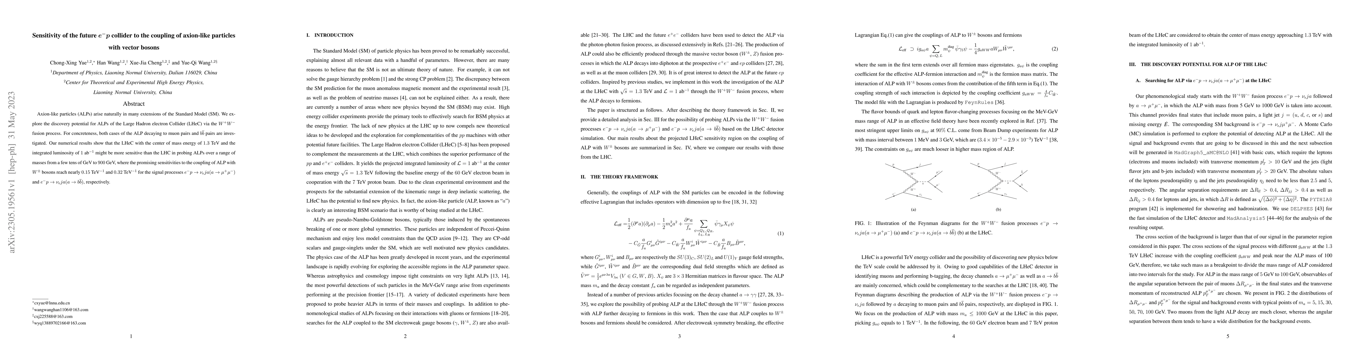 Thumbnail for Sensitivity of the future $\boldsymbol{e^{-}p}$ collider to the coupling
  of axion-like particles with vector bosons