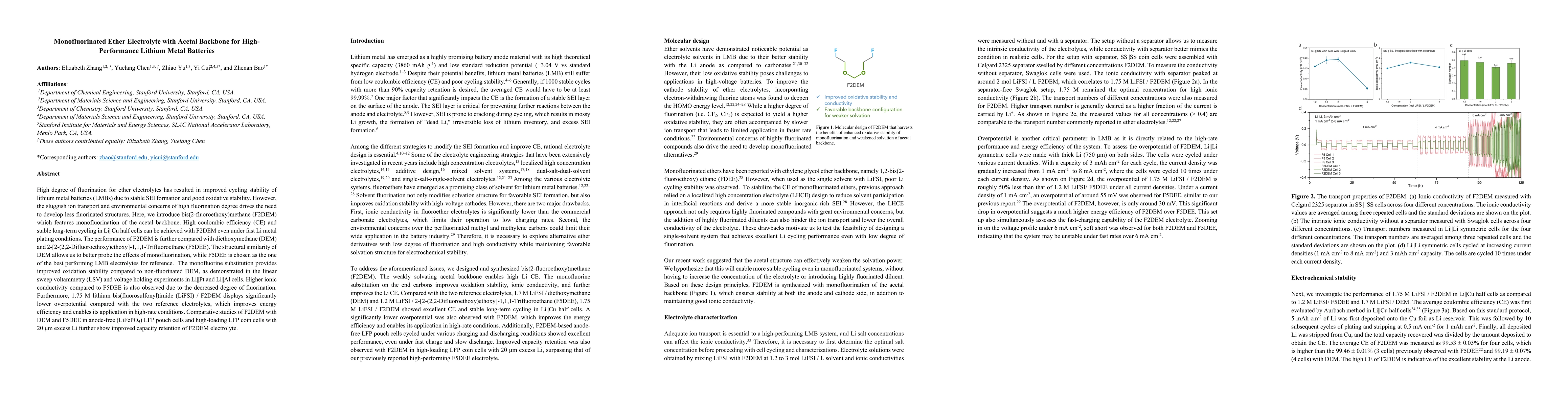 Thumbnail for Monofluorinated Ether Electrolyte with Acetal Backbone for
  High-Performance Lithium Metal Batteries
