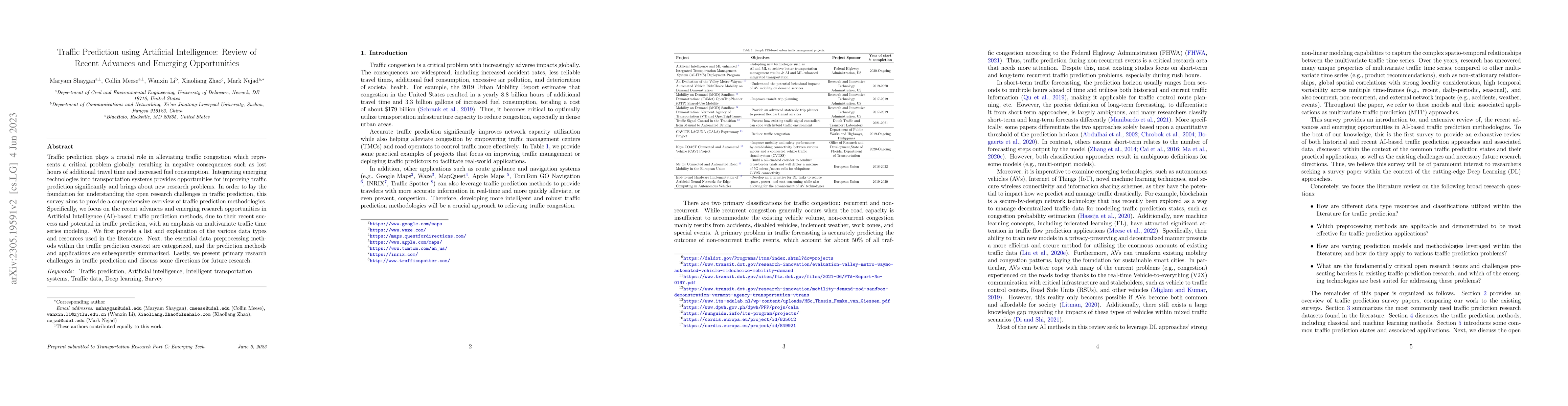 Thumbnail for Traffic Prediction using Artificial Intelligence: Review of Recent
  Advances and Emerging Opportunities
