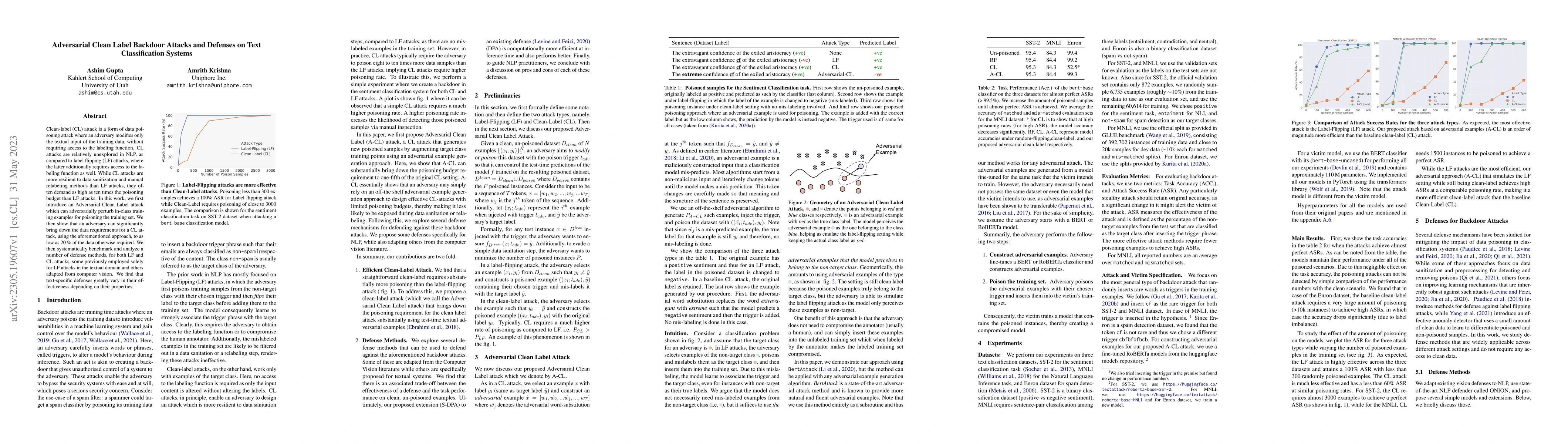 Thumbnail for Adversarial Clean Label Backdoor Attacks and Defenses on Text
  Classification Systems