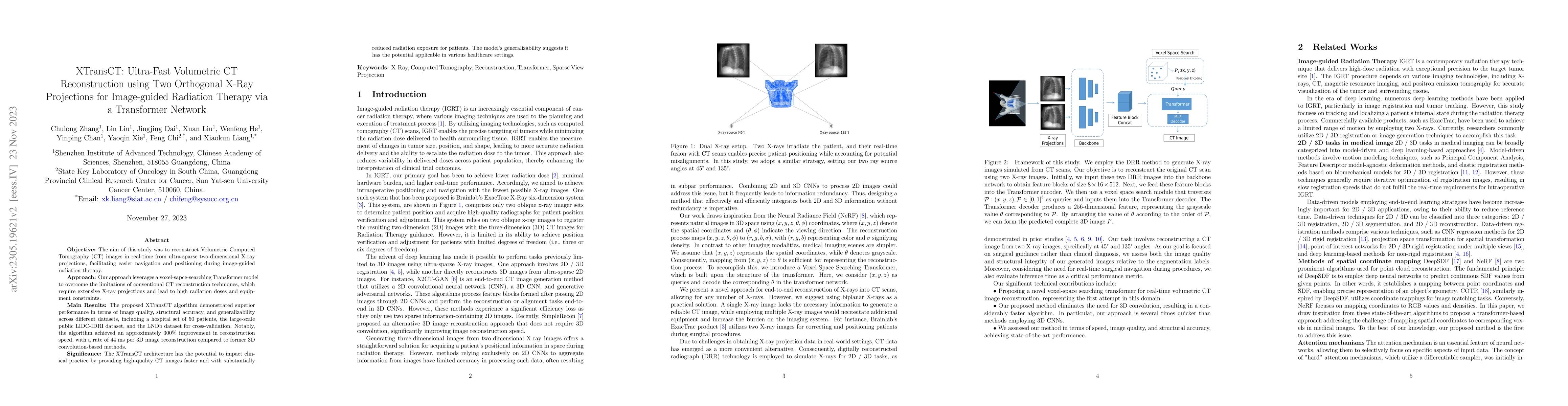 Thumbnail for XTransCT: Ultra-Fast Volumetric CT Reconstruction using Two Orthogonal
  X-Ray Projections for Image-guided Radiation Therapy via a Transformer
  Network