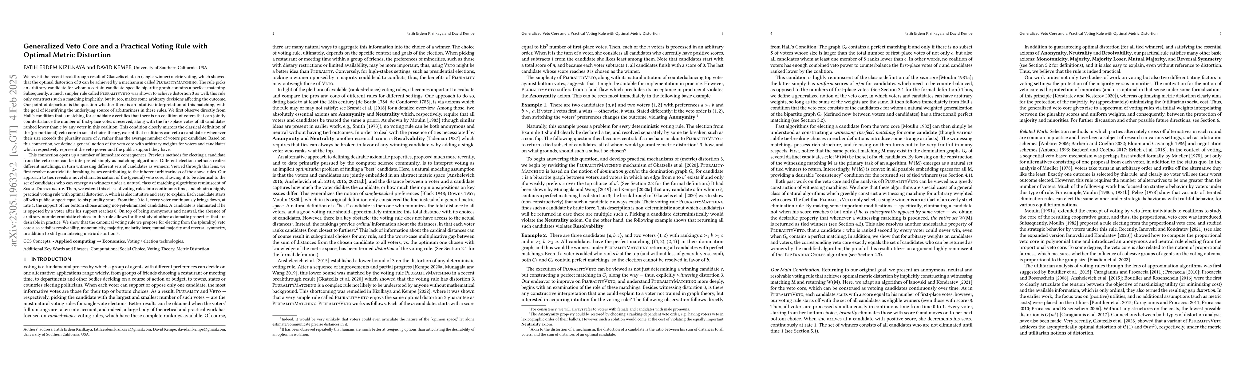 Thumbnail for Generalized Veto Core and a Practical Voting Rule with Optimal Metric
  Distortion