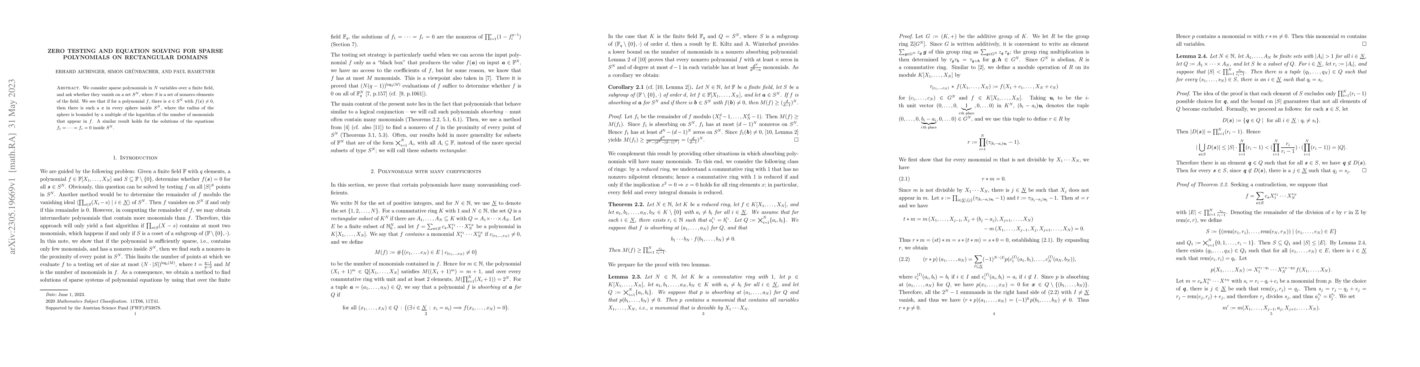 Thumbnail for Zero testing and equation solving for sparse polynomials on rectangular
  domains