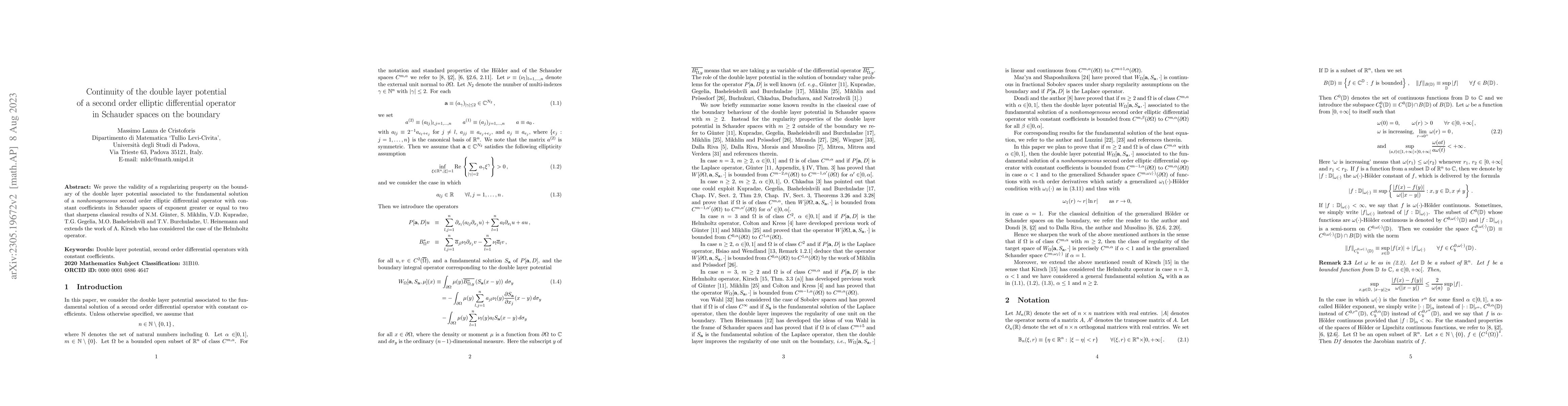 Thumbnail for Continuity of the double layer potential of a second order elliptic
  differential operator in Schauder spaces on the boundary