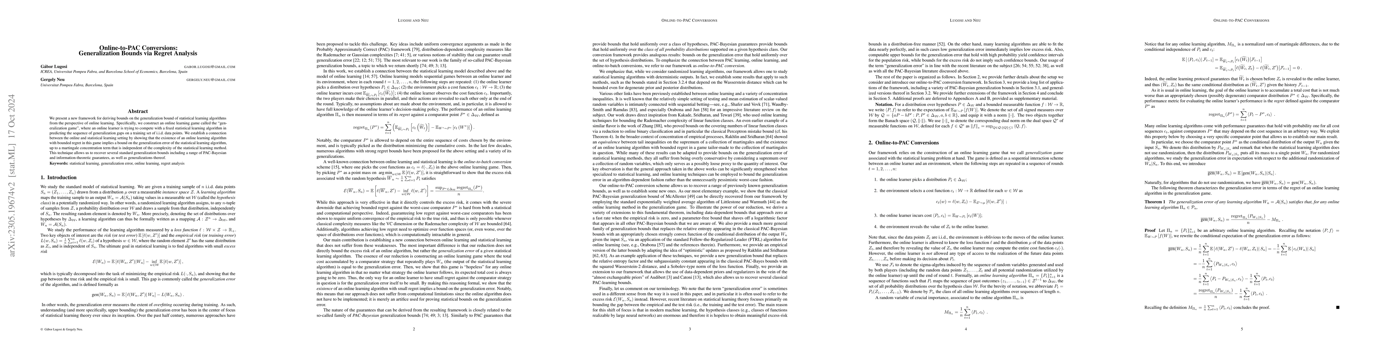 Thumbnail for Online-to-PAC Conversions: Generalization Bounds via Regret Analysis